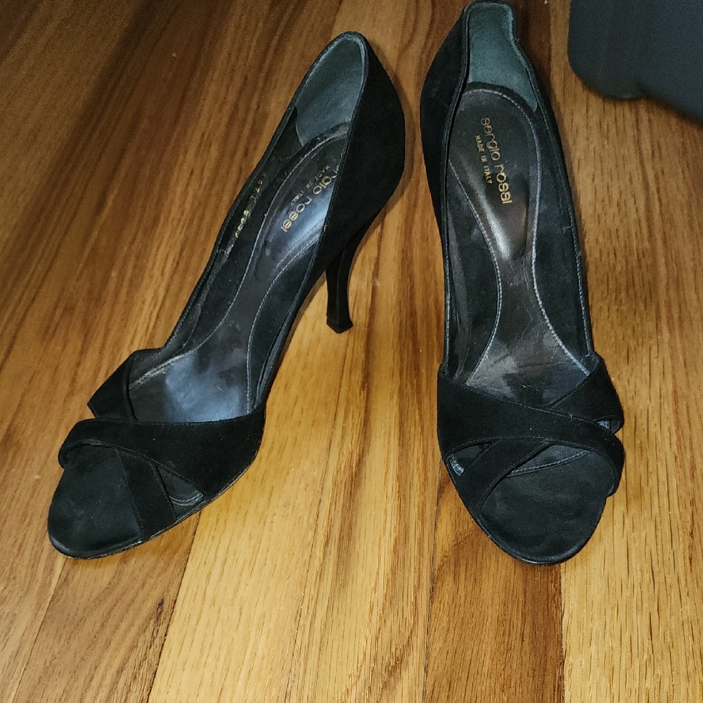 Sergio Rossi Black Suede Peep-Toe Heels Size 41